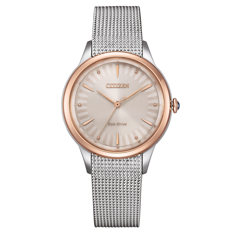 Citizen-Uhr mit silbernem Mesh-Armband und roségoldfarbenen Akzenten