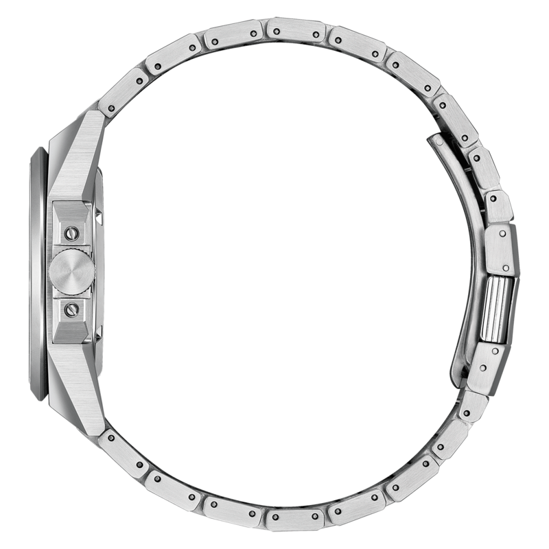 Seitenansicht einer silbernen Uhr mit Metallarmband, elegantes Design.