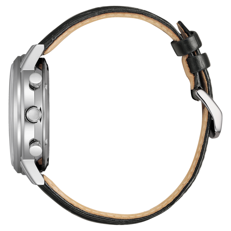 Seitenansicht einer silbernen Uhr mit schwarzem Lederarmband.