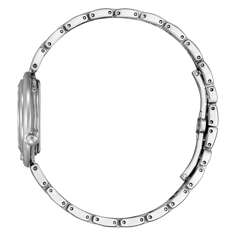 Silberne Uhr mit Metallarmband, Seitenansicht, elegantes Design, glänzend