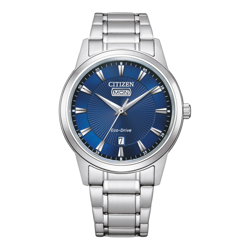 Citizen-Uhr mit blauem Zifferblatt und silbernem Armband, Eco-Drive-Technologie.