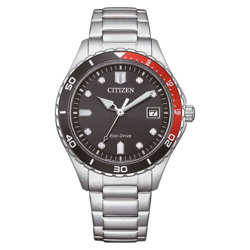 Citizen-Uhr mit schwarzem Zifferblatt, roter Lünette und silbernem Armband. Eco-Drive.