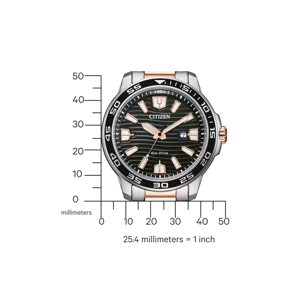 Citizen-Uhr mit schwarzem Zifferblatt, goldenen Akzenten und silbernem Armband. Eco-Drive-Technologie.