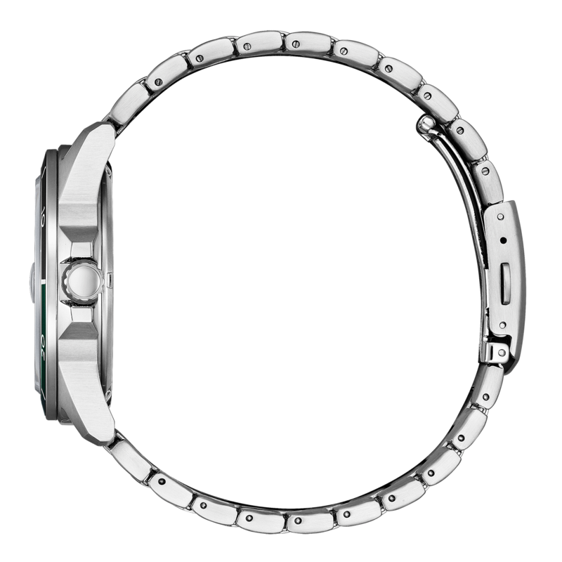 Seitenansicht einer silbernen Armbanduhr mit Metallband und grünen Akzenten.