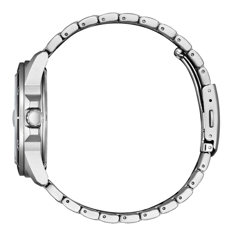 Silberne Uhr mit Metallarmband, Seitenansicht, isoliert auf weißem Hintergrund.