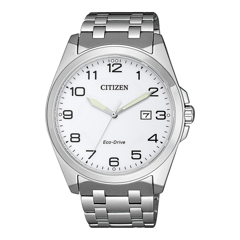 Citizen-Uhr mit weißem Zifferblatt, silbernem Armband und Eco-Drive-Technologie.