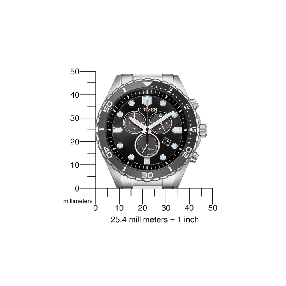 Citizen-Uhr mit schwarzem Zifferblatt und Maßstab in Millimetern.