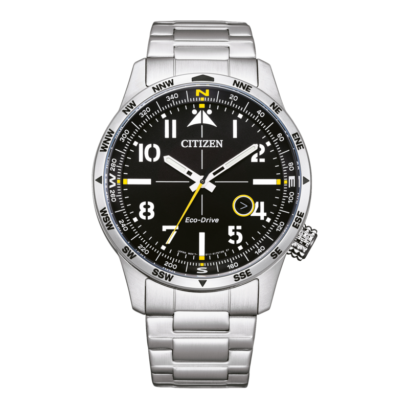 Citizen-Uhr mit Kompasslünette und schwarzem Zifferblatt, Edelstahlarmband.
