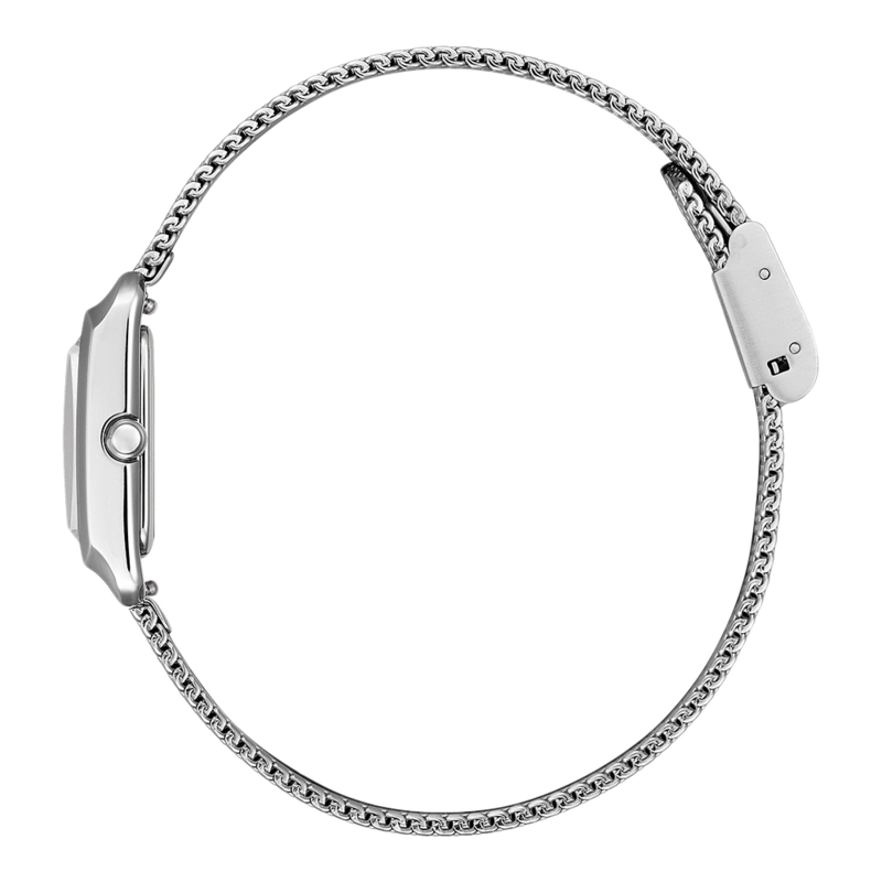 Silberne Uhr mit Kettenarmband, Seitenansicht, isoliert auf weißem Hintergrund.