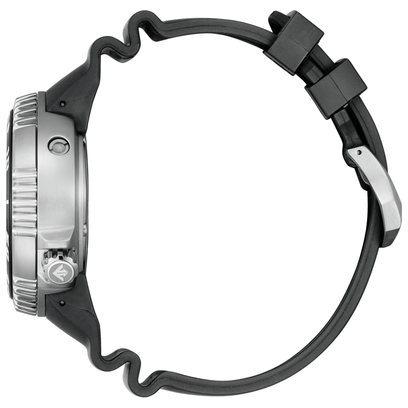 Seitenansicht einer silbernen Uhr mit schwarzem Kautschukarmband.