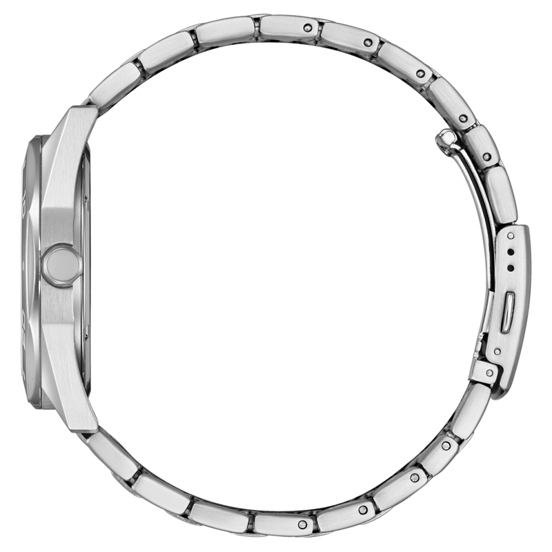 Seitenansicht einer silbernen Uhr mit Metallband, isoliert auf weißem Hintergrund.
