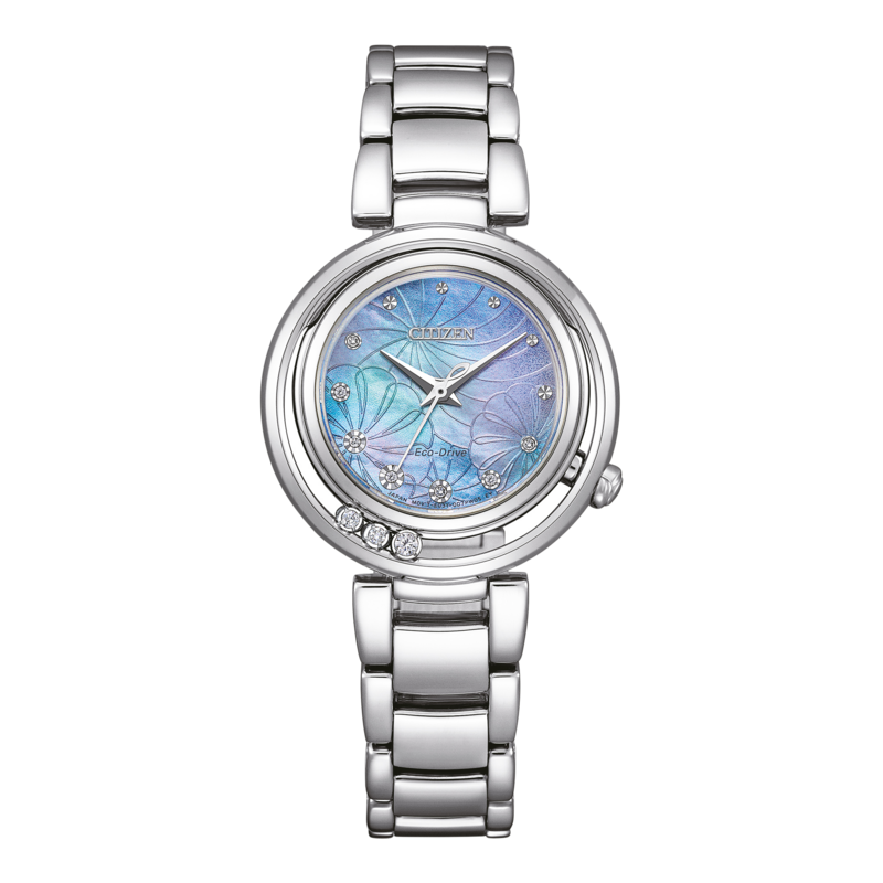 Citizen Eco-Drive Uhr mit floralem Design und silbernem Armband.