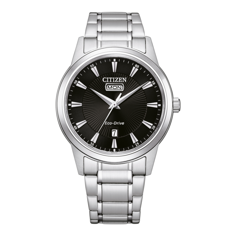 Citizen-Uhr mit schwarzem Zifferblatt, silbernem Armband und Tages-/Datumsanzeige.