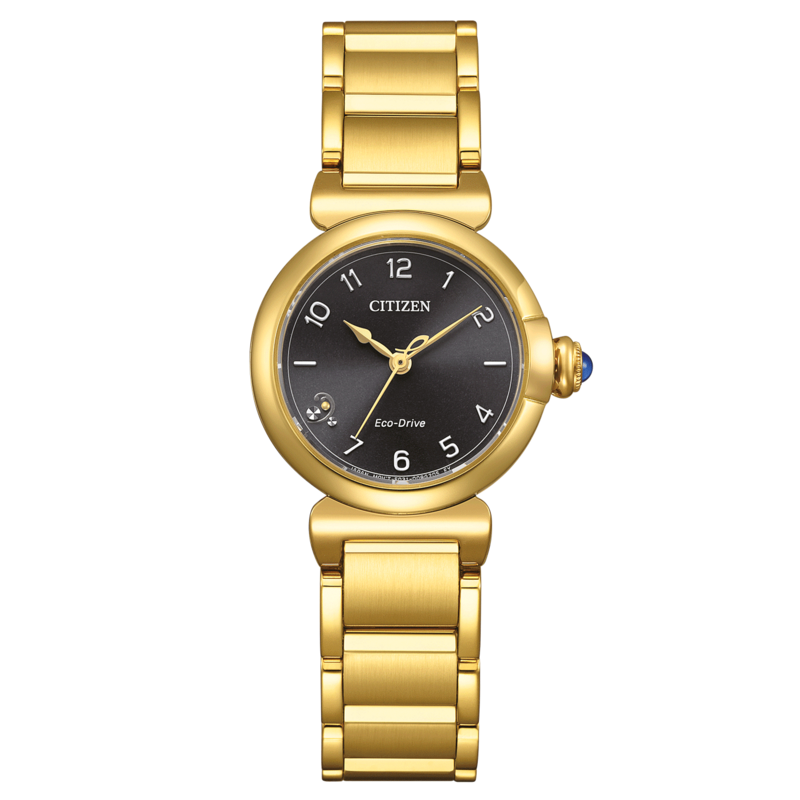 Goldene Citizen-Uhr mit schwarzem Zifferblatt und goldenem Armband, Eco-Drive.