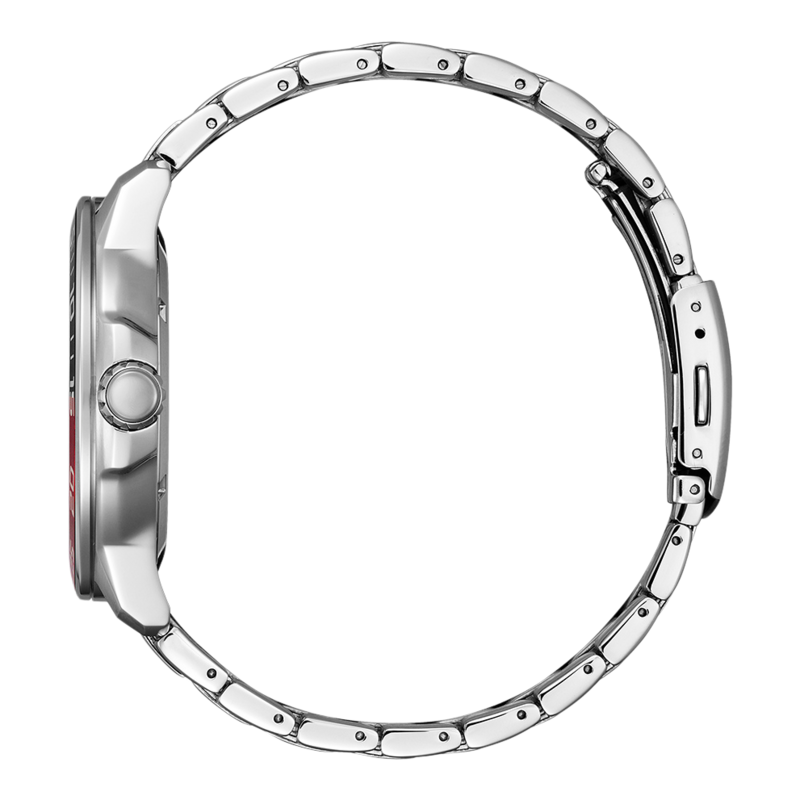 Seitenansicht einer silbernen Armbanduhr mit Metallarmband.
