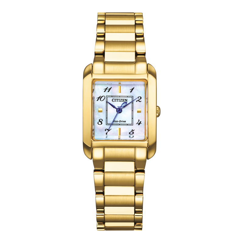 Goldene Citizen-Uhr mit rechteckigem Zifferblatt und goldenem Armband, elegantes Design.