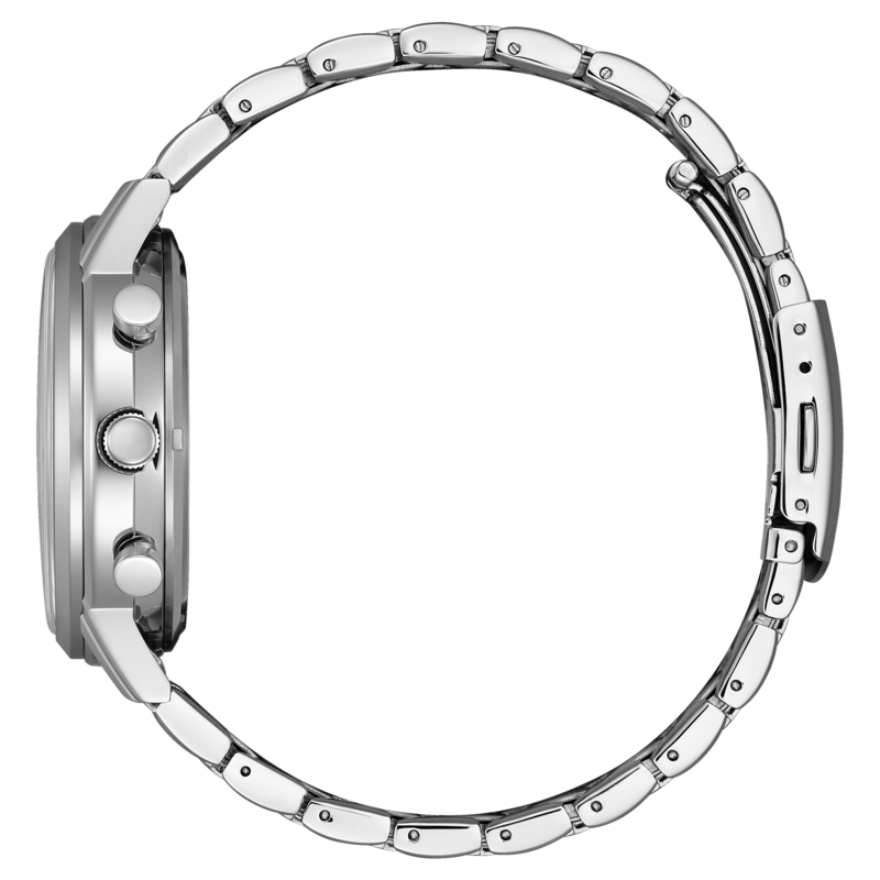 Silberne Uhr mit Metallarmband, Seitenansicht, elegantes Design, glänzend