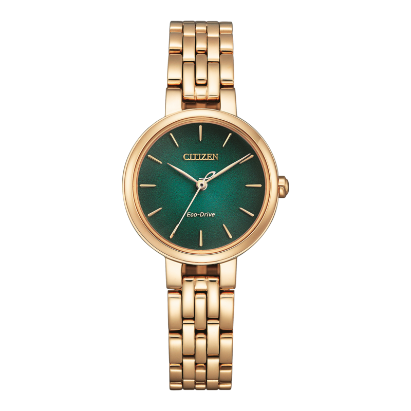 Citizen Eco-Drive Uhr mit grünem Zifferblatt und goldenem Armband.