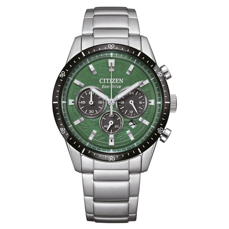 Citizen Eco-Drive Uhr mit grünem Zifferblatt und silbernem Armband, Chronograph.