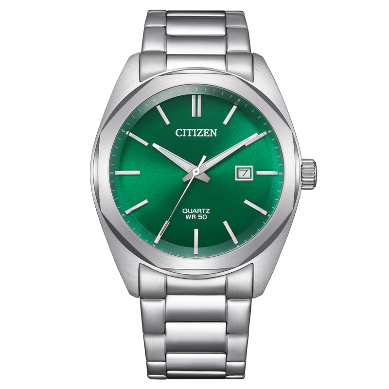 Citizen-Uhr mit grünem Zifferblatt und silbernem Armband, Quarz, WR 50.