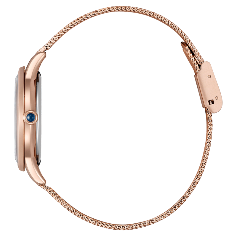 Roségold-Uhr mit Mesh-Armband, Seitenansicht, elegantes Design.