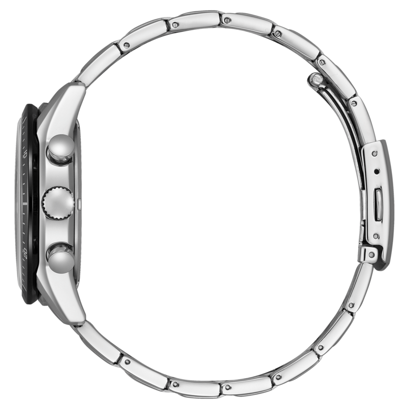Seitenansicht einer silbernen Armbanduhr mit schwarzem Zifferblatt und Metallband.