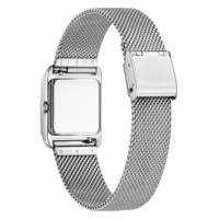 Silberne Uhr mit Mesh-Armband, rechteckigem Zifferblatt, Verschluss und MS-Markierungen.