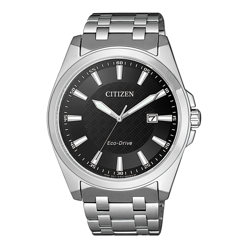 Citizen-Uhr mit schwarzem Zifferblatt, silbernem Armband und Datumsanzeige. Eco-Drive-Technologie.