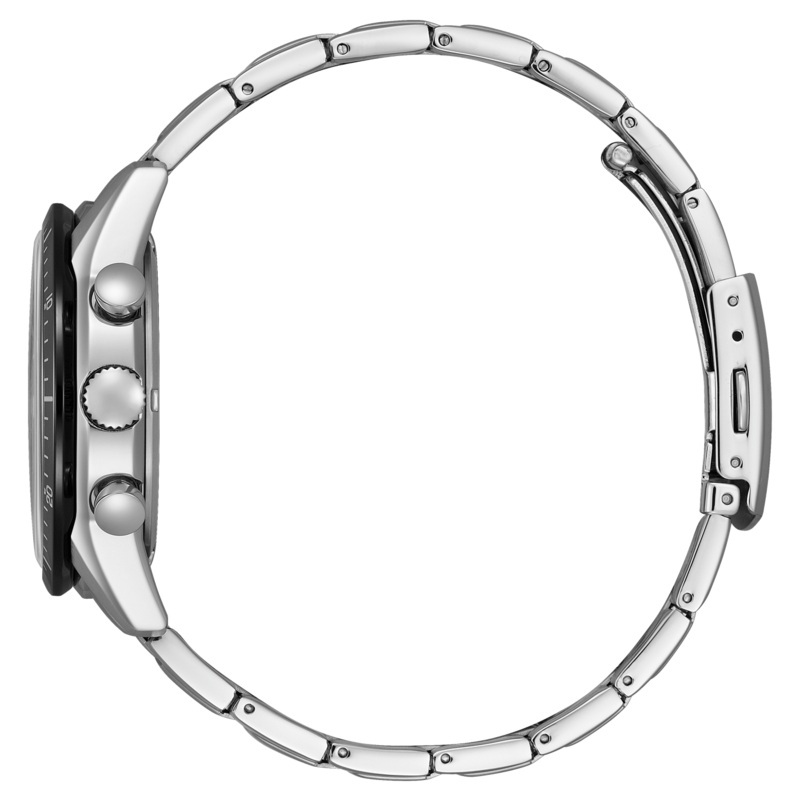 Silberne Uhr mit schwarzem Zifferblatt und Metallarmband, Seitenansicht, elegantes Design
